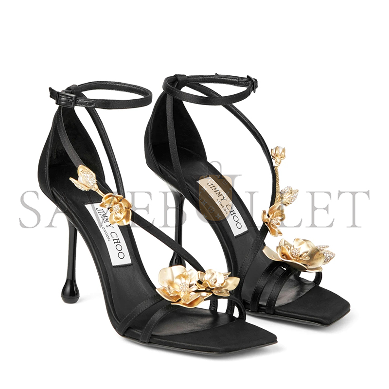 Ji*y Ch* zea 95 black satin sandals with metal flowers zea95bgu